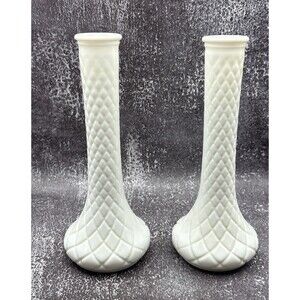 Set Of 2 Vintage White Hoosier Milk Glass Vases - 9 inch ~ 4093
